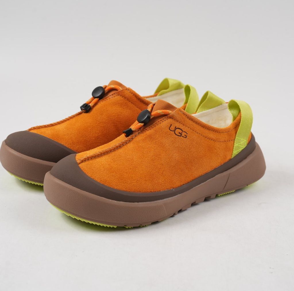 UGG Men's Tasman Outpost 1179050-ATMN Autumn Sepia Orange Waterproof Suede Slip-On Clog with Elastic Toggle Lacing, 17mm UGGplush Wool Blend Lining, Sugarcane EVA Midsole, White Spider Rubber Outsole and Lime Green Heel Pull Tabs