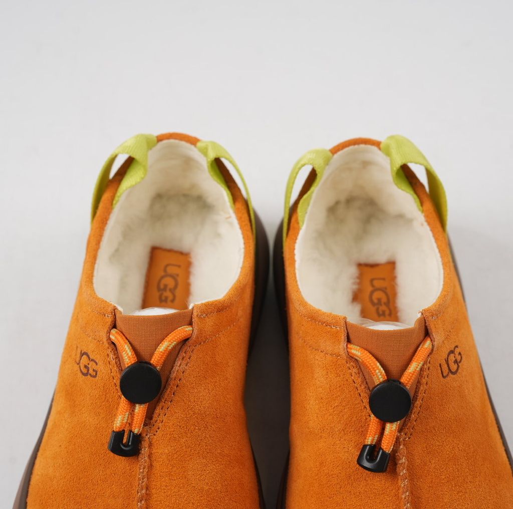 UGG Men's Tasman Outpost 1179050-ATMN Autumn Sepia Orange Waterproof Suede Slip-On Clog with Elastic Toggle Lacing, 17mm UGGplush Wool Blend Lining, Sugarcane EVA Midsole, White Spider Rubber Outsole and Lime Green Heel Pull Tabs