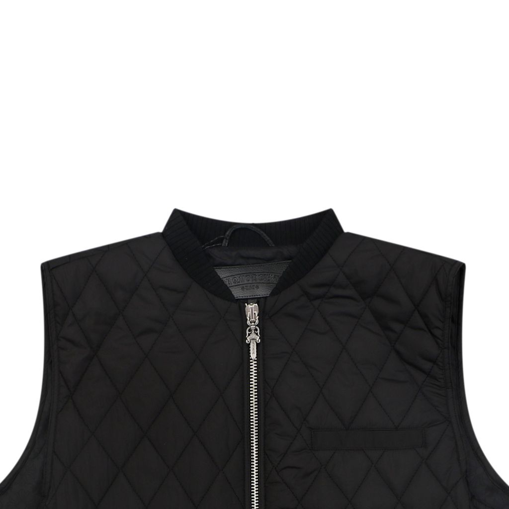 Chrome Hearts back cross lambskin patch quilted vest diamond stitching printed lining antique silver tone zipper wool rib collar sizes S-L