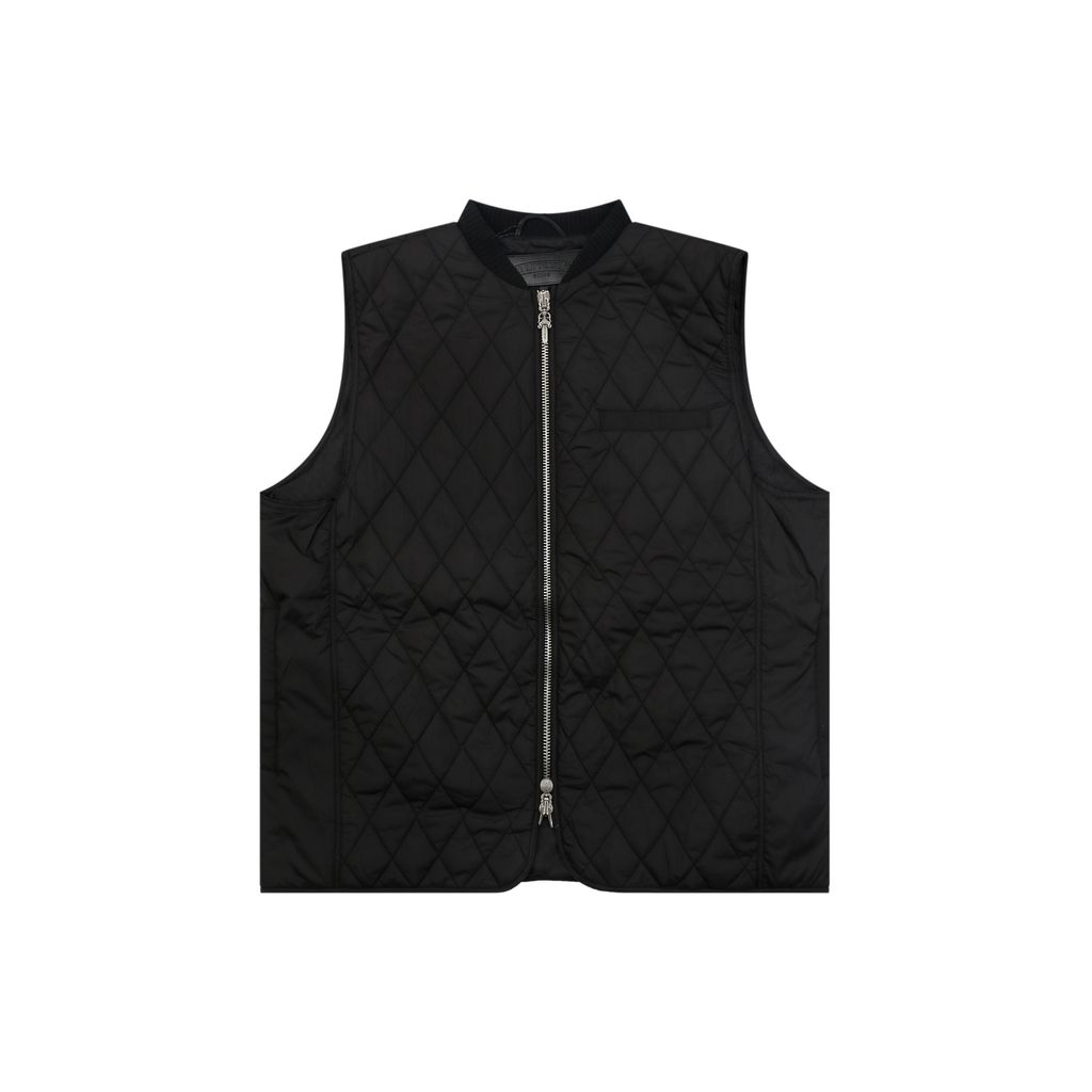 Chrome Hearts back cross lambskin patch quilted vest diamond stitching printed lining antique silver tone zipper wool rib collar sizes S-L