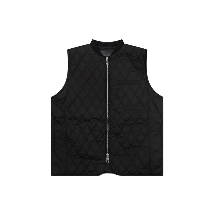 Chrome Hearts back cross lambskin patch quilted vest diamond stitching printed lining antique silver tone zipper wool rib collar sizes S-L