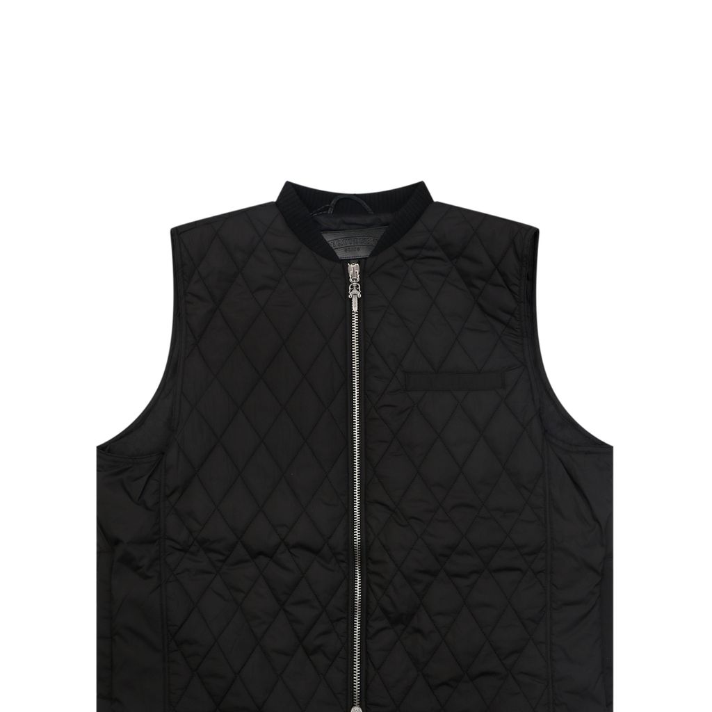 Chrome Hearts back cross lambskin patch quilted vest diamond stitching printed lining antique silver tone zipper wool rib collar sizes S-L