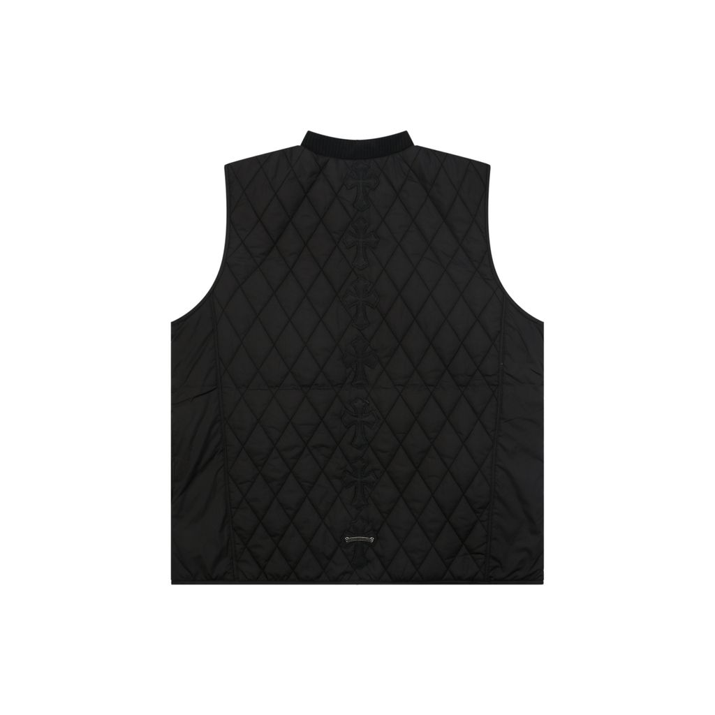 Chrome Hearts back cross lambskin patch quilted vest diamond stitching printed lining antique silver tone zipper wool rib collar sizes S-L