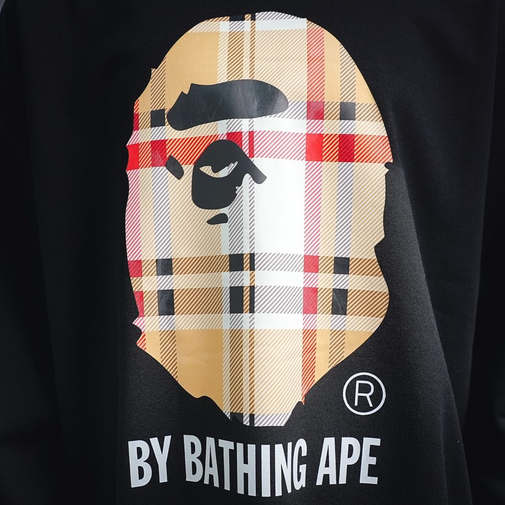 BAPE Ape Head 26SS plaid letter print crew neck sweatshirt black streetwear pullover sizes M-XXL