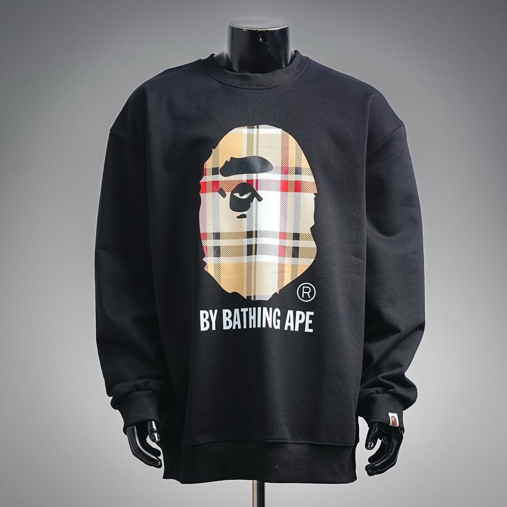 BAPE Ape Head 26SS plaid letter print crew neck sweatshirt black streetwear pullover sizes M-XXL