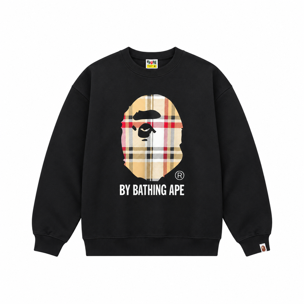 BAPE Ape Head 26SS plaid letter print crew neck sweatshirt black streetwear pullover sizes M-XXL