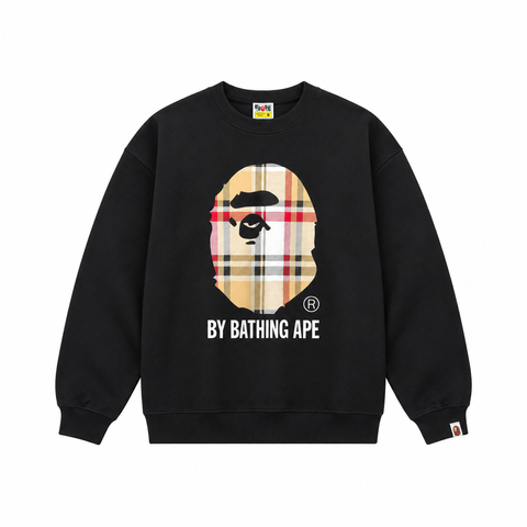 BAPE Ape Head 26SS plaid letter print crew neck sweatshirt black streetwear pullover sizes M-XXL