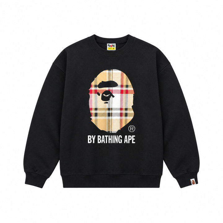 BAPE Ape Head 26SS plaid letter print crew neck sweatshirt black streetwear pullover sizes M-XXL