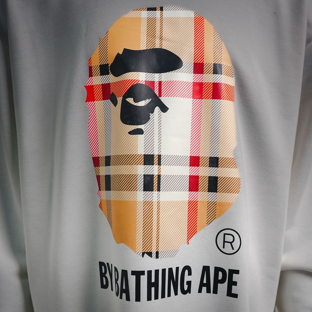 BAPE Ape Head 26SS plaid letter print crew neck sweatshirt white streetwear pullover sizes M-XXL