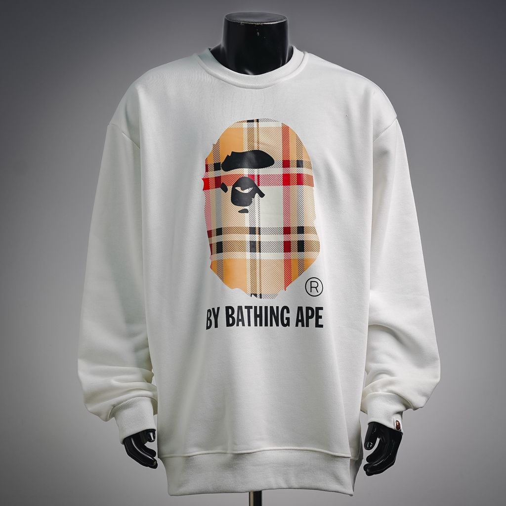BAPE Ape Head 26SS plaid letter print crew neck sweatshirt white streetwear pullover sizes M-XXL