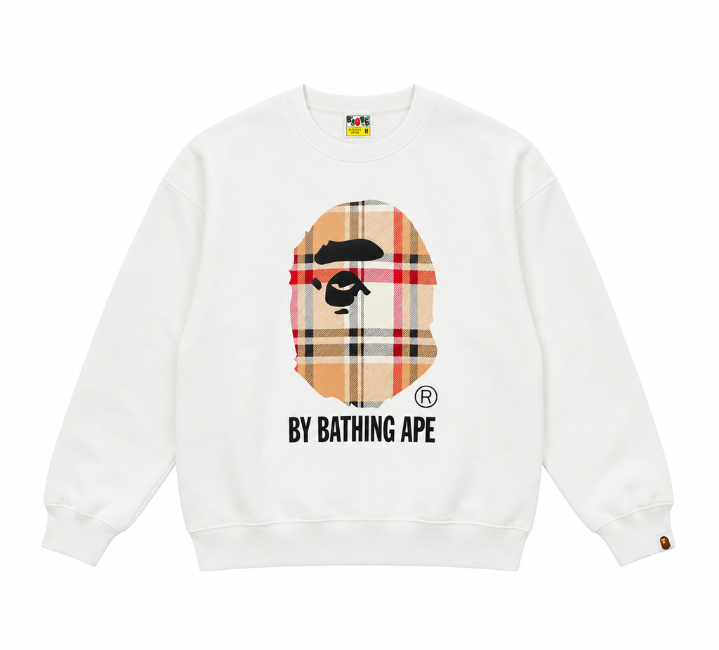 BAPE Ape Head 26SS plaid letter print crew neck sweatshirt white streetwear pullover sizes M-XXL
