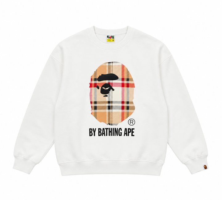 BAPE Ape Head 26SS plaid letter print crew neck sweatshirt white streetwear pullover sizes M-XXL