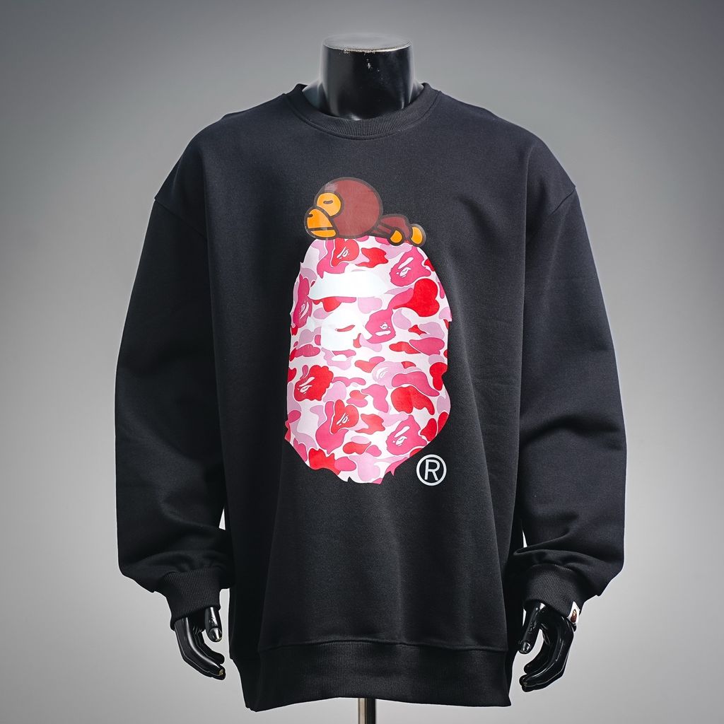 BAPE Ape Head 26SS camo ape small monkey print crew neck sweatshirt black streetwear pullover sizes M-XXL