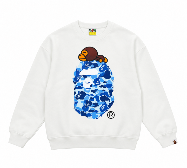 BAPE Ape Head 26SS camo ape small monkey print crew neck sweatshirt white streetwear pullover sizes M-XXL
