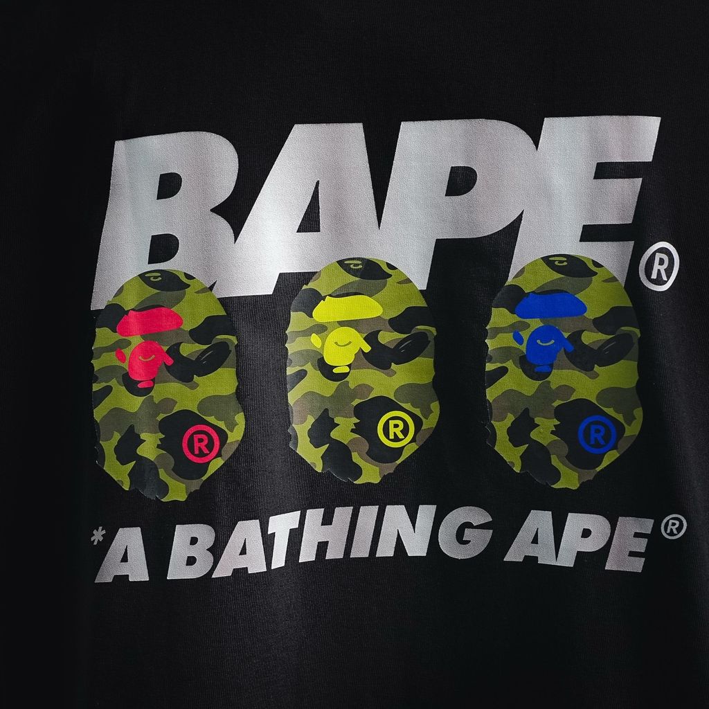 BAPE 26SS reflective letter triple Ape Head camo T-shirt black 260g combed cotton graphic unisex streetwear tee sizes M-XXL