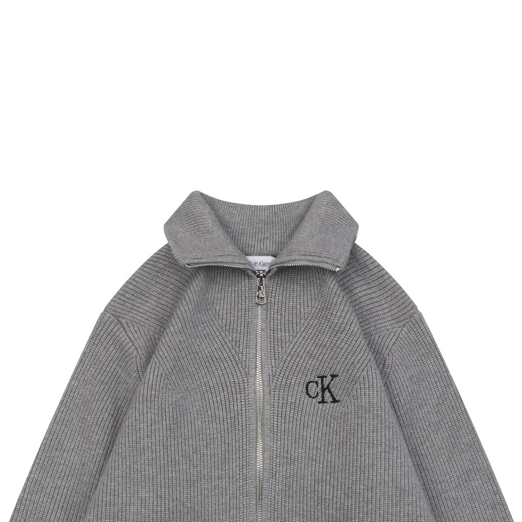 Calvin Klein CK small logo high collar knit jacket grey blended knit relaxed fit seamless computerized knitting outerwear sizes S-XL