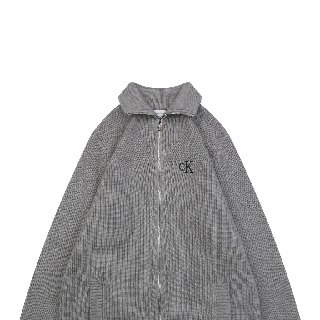Calvin Klein CK small logo high collar knit jacket grey blended knit relaxed fit seamless computerized knitting outerwear sizes S-XL