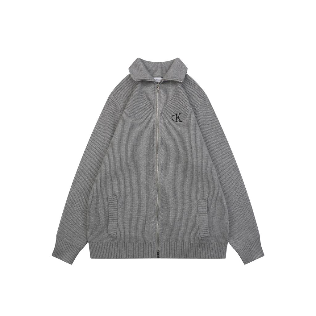 Calvin Klein CK small logo high collar knit jacket grey blended knit relaxed fit seamless computerized knitting outerwear sizes S-XL