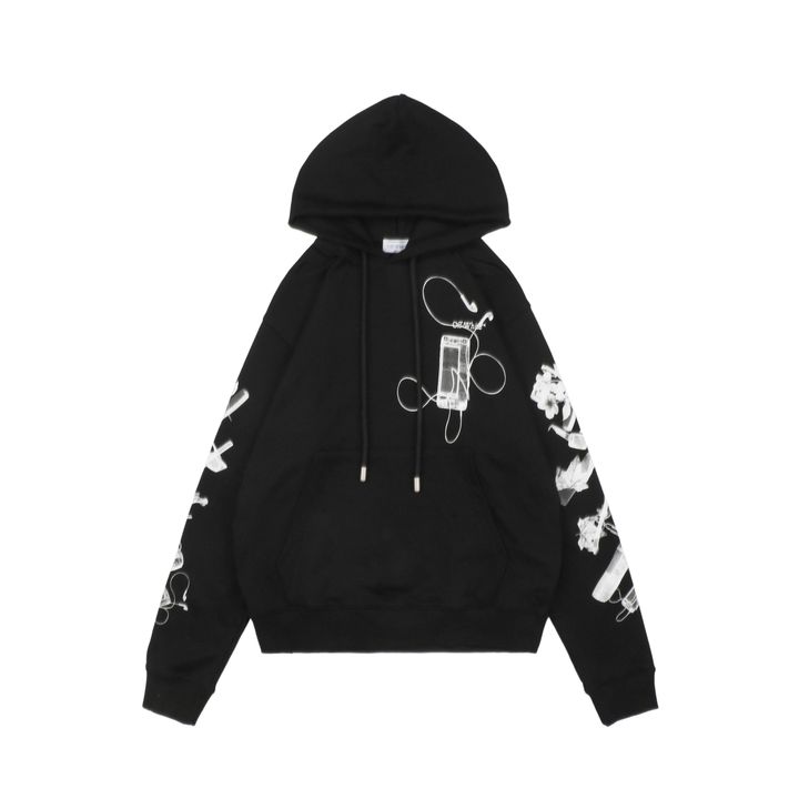 Off White digital headphone arrow print hoodie 400g cotton loopback fabric Mimaki graphic pullover custom dyed ribbing sizes XS-L