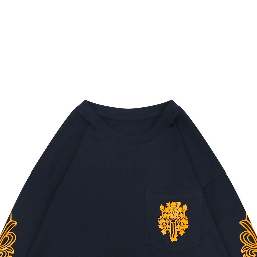 Chrome Hearts cross vine sword print long sleeve T-shirt navy 220g brushed cotton relaxed unisex graphic tee sizes S-L