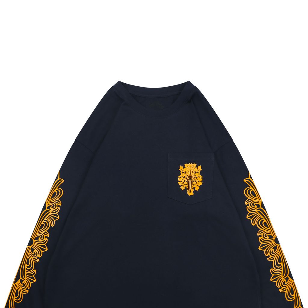 Chrome Hearts cross vine sword print long sleeve T-shirt navy 220g brushed cotton relaxed unisex graphic tee sizes S-L
