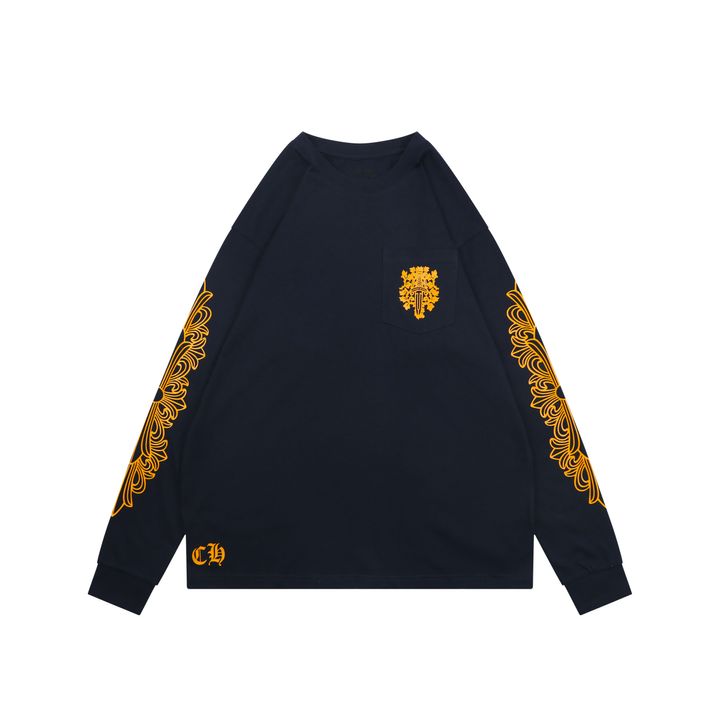 Chrome Hearts cross vine sword print long sleeve T-shirt navy 220g brushed cotton relaxed unisex graphic tee sizes S-L