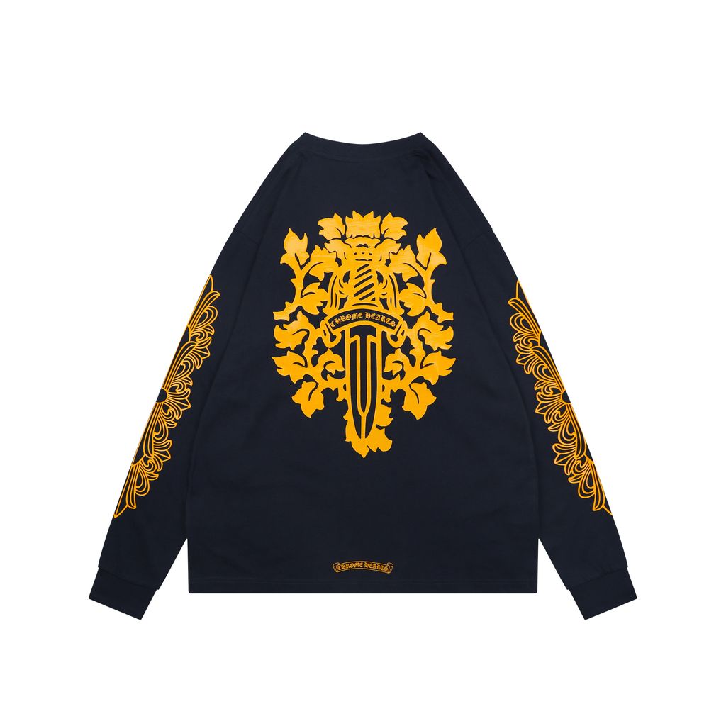 Chrome Hearts cross vine sword print long sleeve T-shirt navy 220g brushed cotton relaxed unisex graphic tee sizes S-L