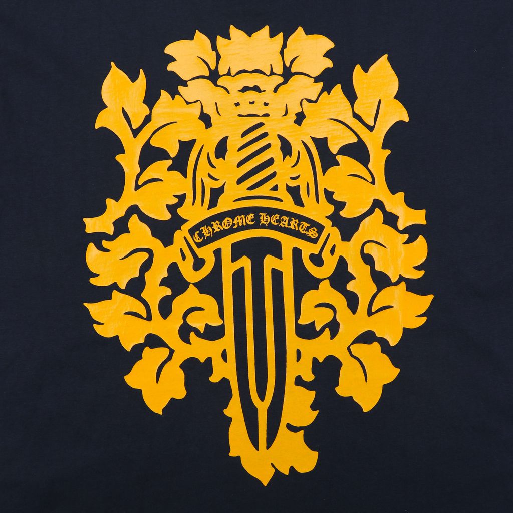Chrome Hearts cross vine sword print long sleeve T-shirt navy 220g brushed cotton relaxed unisex graphic tee sizes S-L