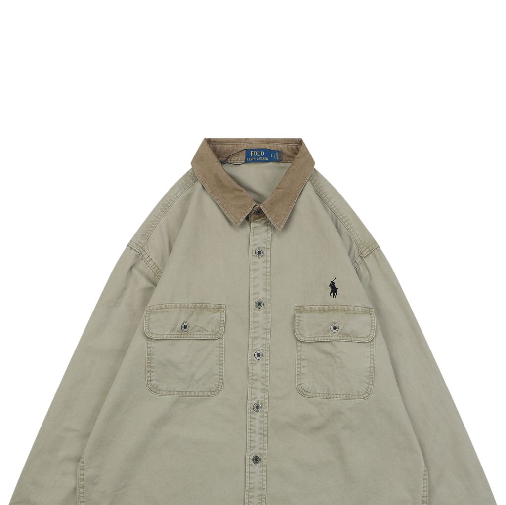 Ralph Lauren Pony logo two pocket contrast collar shirt jacket embroidered chest logo custom dyed washed fabric relaxed overshirt sizes L-3XL