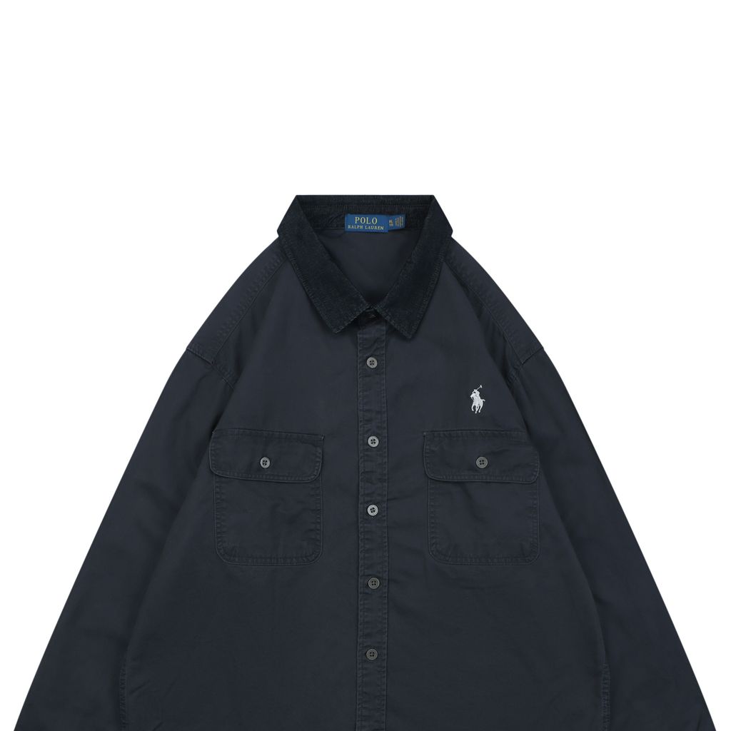 Ralph Lauren Pony logo two pocket contrast collar shirt jacket black embroidered chest logo custom dyed washed fabric relaxed overshirt sizes L-3XL
