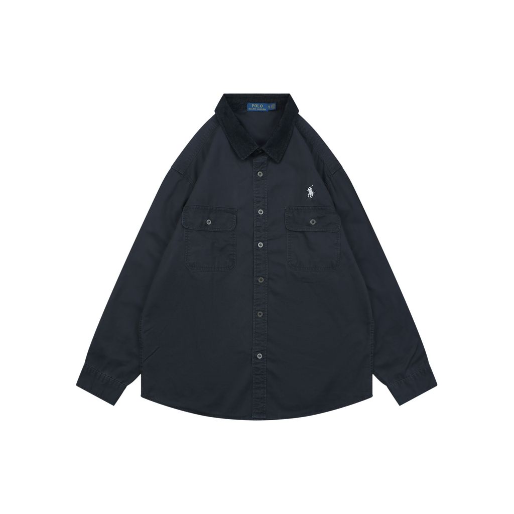Ralph Lauren Pony logo two pocket contrast collar shirt jacket black embroidered chest logo custom dyed washed fabric relaxed overshirt sizes L-3XL