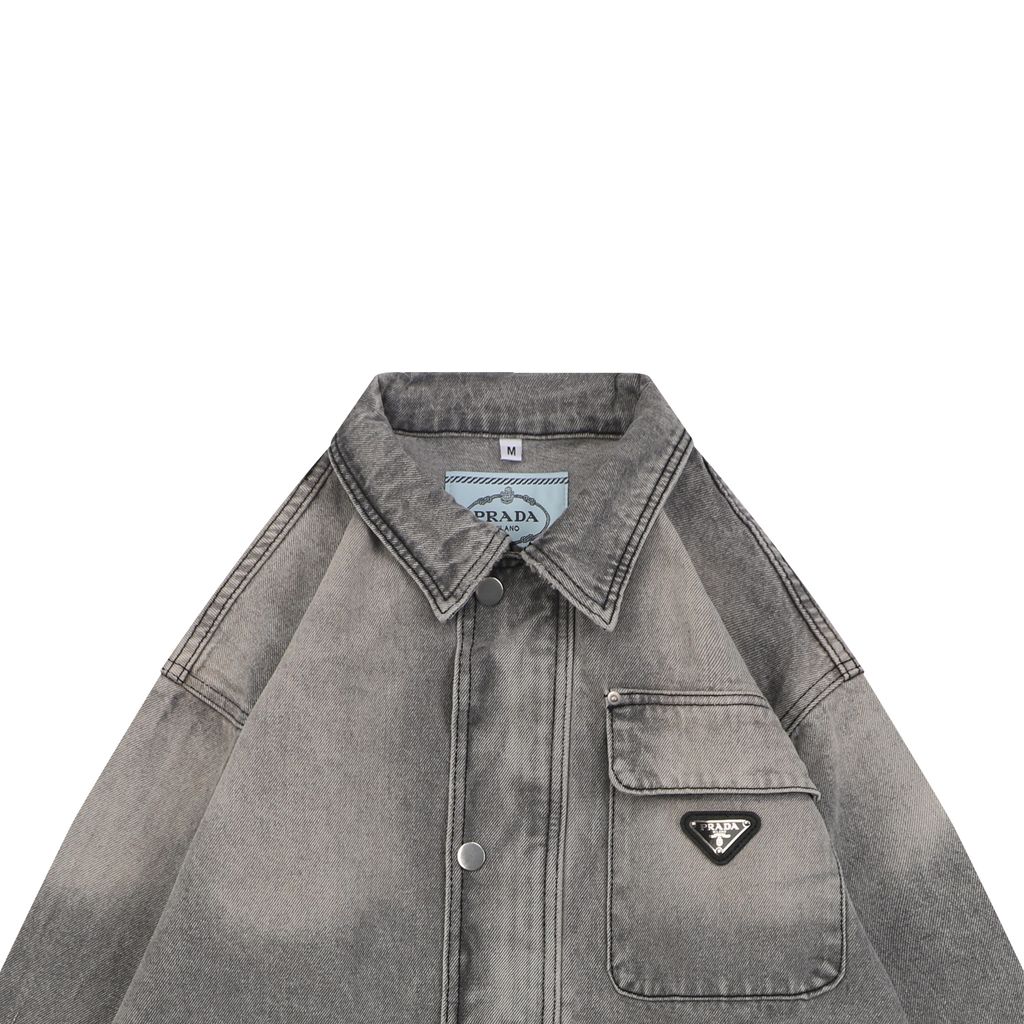 Prada triangle logo multi pocket washed denim jacket heavyweight grey wash structured denim custom hardware seven button outerwear sizes S-XL