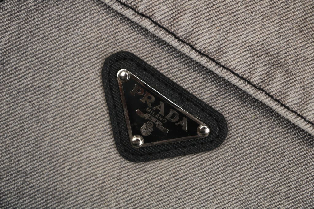 Prada triangle logo multi pocket washed denim jacket heavyweight grey wash structured denim custom hardware seven button outerwear sizes S-XL