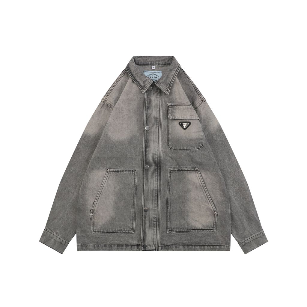 Prada triangle logo multi pocket washed denim jacket heavyweight grey wash structured denim custom hardware seven button outerwear sizes S-XL