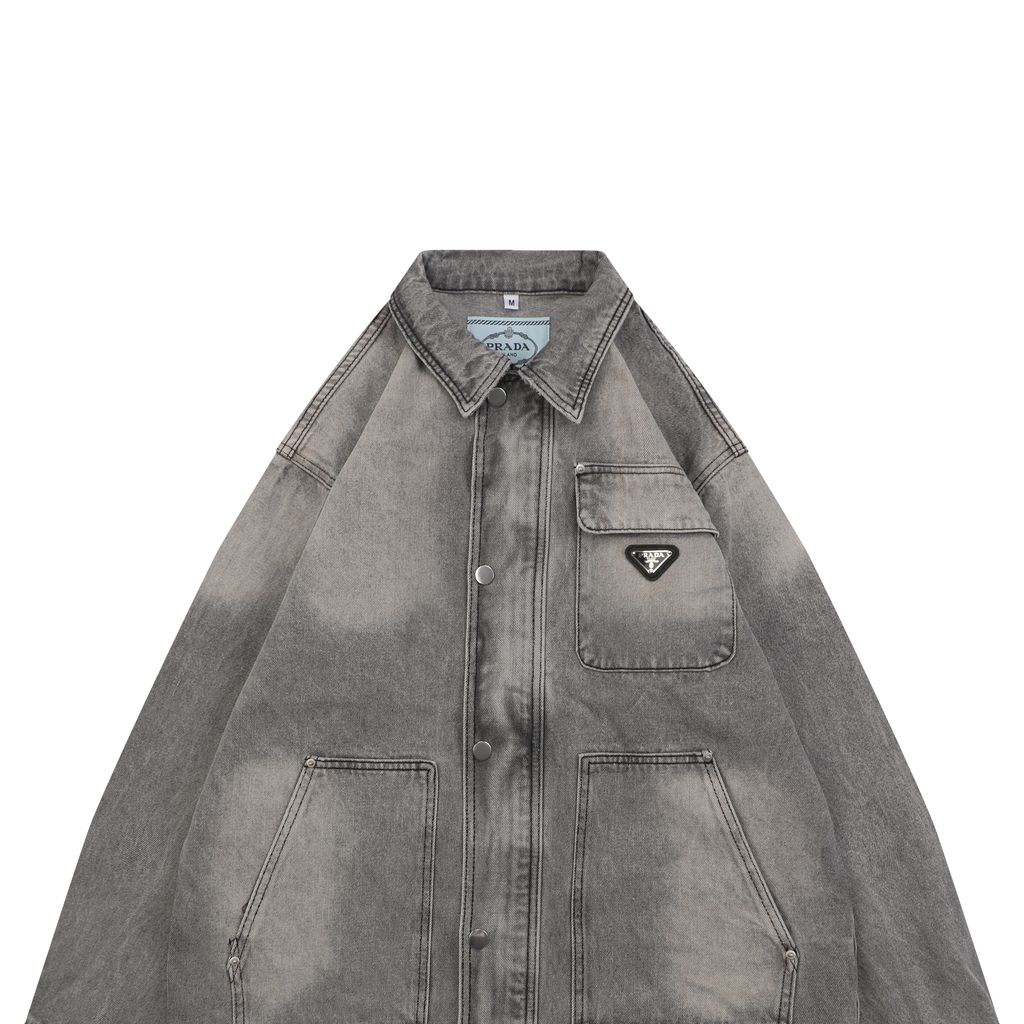 Prada triangle logo multi pocket washed denim jacket heavyweight grey wash structured denim custom hardware seven button outerwear sizes S-XL