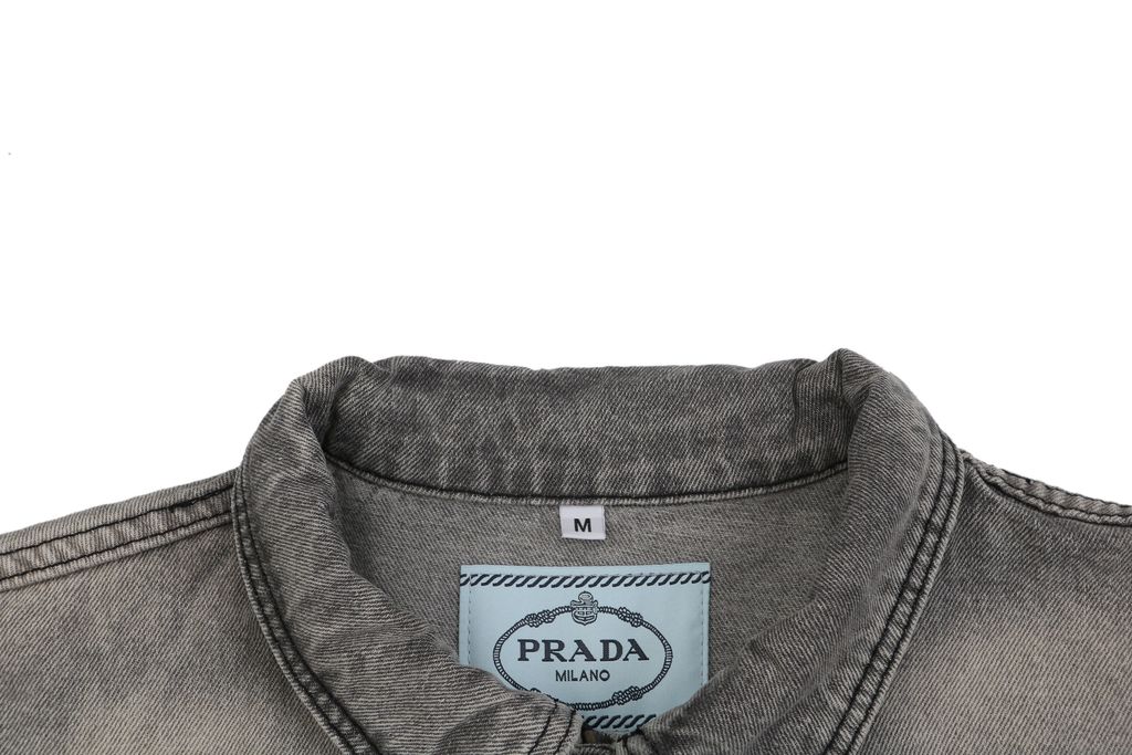 Prada triangle logo multi pocket washed denim jacket heavyweight grey wash structured denim custom hardware seven button outerwear sizes S-XL