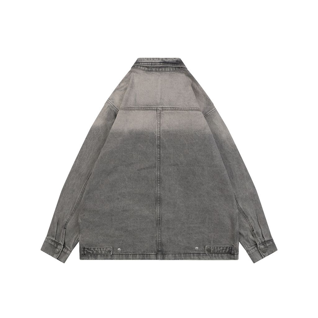 Prada triangle logo multi pocket washed denim jacket heavyweight grey wash structured denim custom hardware seven button outerwear sizes S-XL