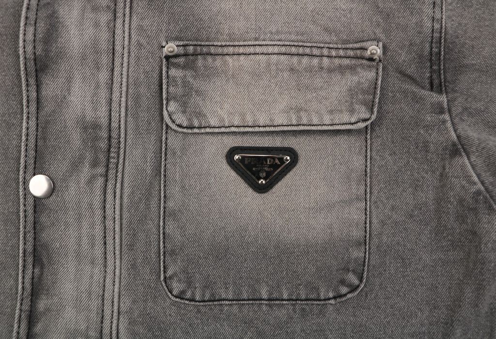 Prada triangle logo multi pocket washed denim jacket heavyweight grey wash structured denim custom hardware seven button outerwear sizes S-XL