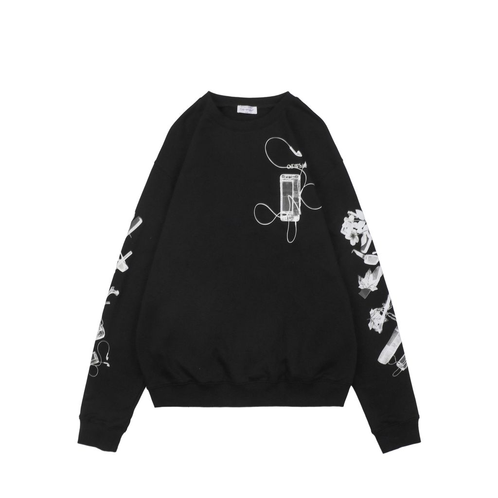 Off White digital headphone arrow print crew neck sweatshirt 400g cotton loopback fabric Mimaki graphic pullover custom dyed ribbing sizes XS-L