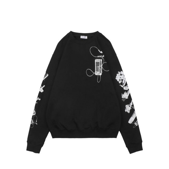 Off White digital headphone arrow print crew neck sweatshirt 400g cotton loopback fabric Mimaki graphic pullover custom dyed ribbing sizes XS-L