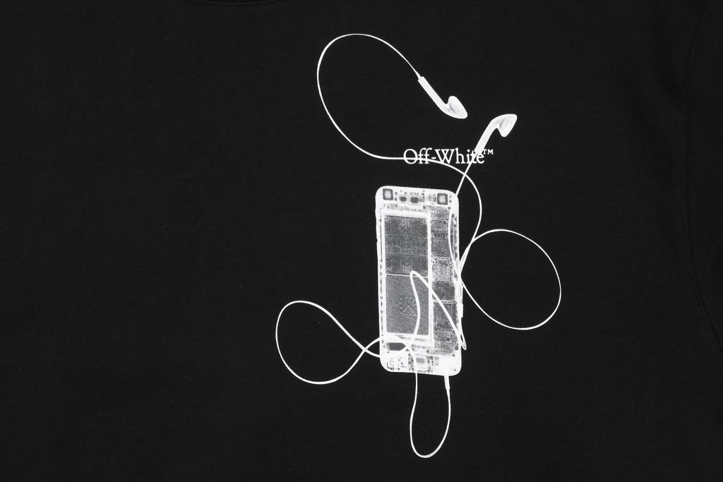 Off White digital headphone arrow print crew neck sweatshirt 400g cotton loopback fabric Mimaki graphic pullover custom dyed ribbing sizes XS-L