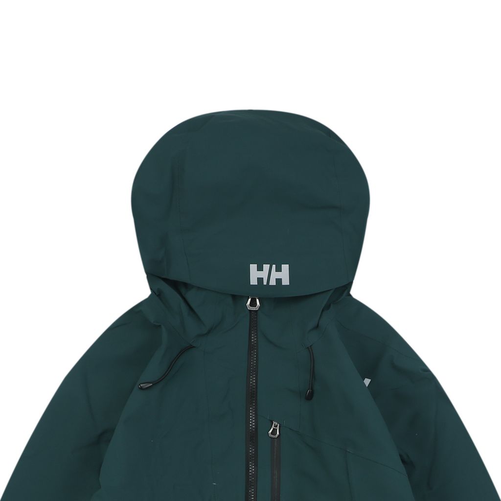 Helly Hansen ODIN side zip hooded softshell jacket green four way stretch grid fleece articulated sleeves adjustable helmet compatible hood sizes S-3XL