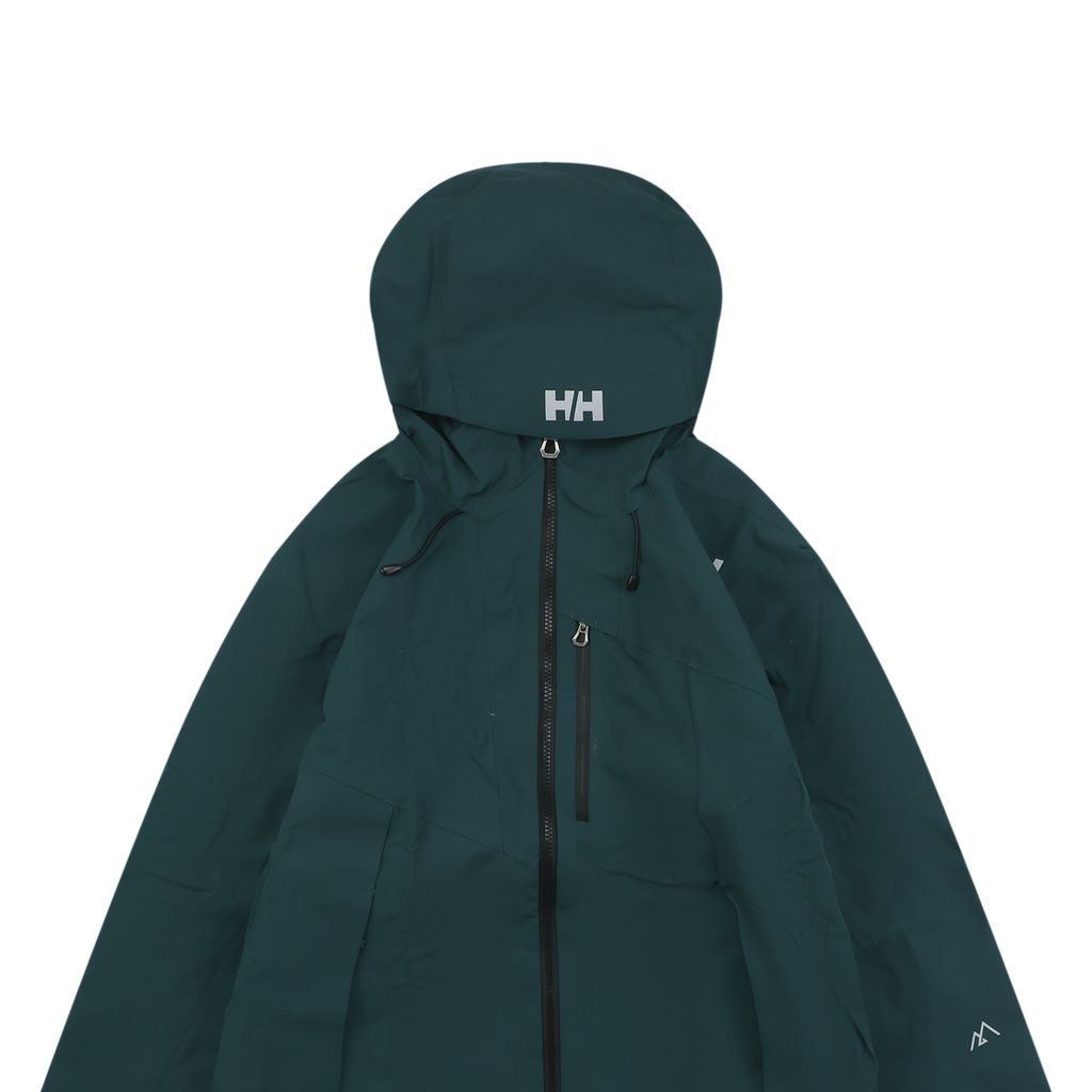 Helly Hansen ODIN side zip hooded softshell jacket green four way stretch grid fleece articulated sleeves adjustable helmet compatible hood sizes S-3XL