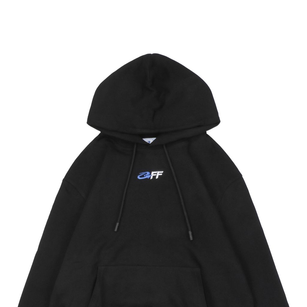 Off White OFF blue arrow globe print hoodie 400g cotton loopback fabric Mimaki graphic pullover custom dyed ribbing sizes XS-L