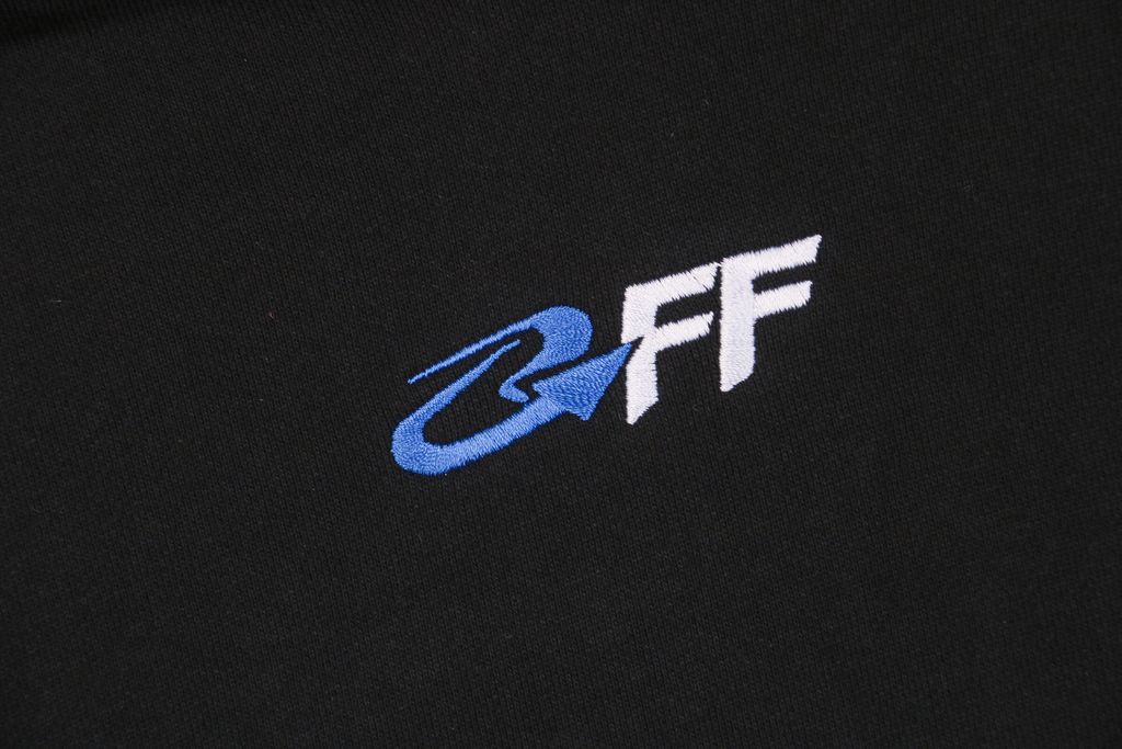 Off White OFF blue arrow globe print hoodie 400g cotton loopback fabric Mimaki graphic pullover custom dyed ribbing sizes XS-L