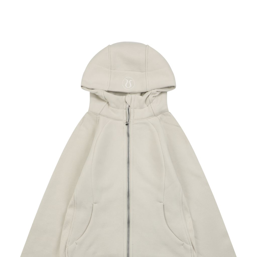 Scuba fitted yoga hooded jacket bone white brushed cotton blend full zip activewear contoured waist ribbed side panels thumbholes sizes 4-10
