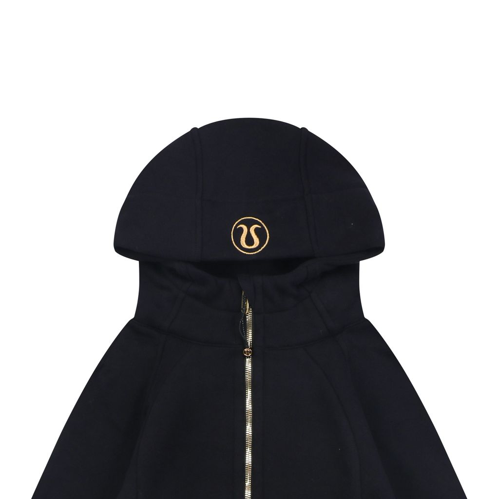Scuba fitted yoga hooded jacket black gold label brushed cotton blend full zip activewear contoured waist ribbed side panels thumbholes sizes 4-10