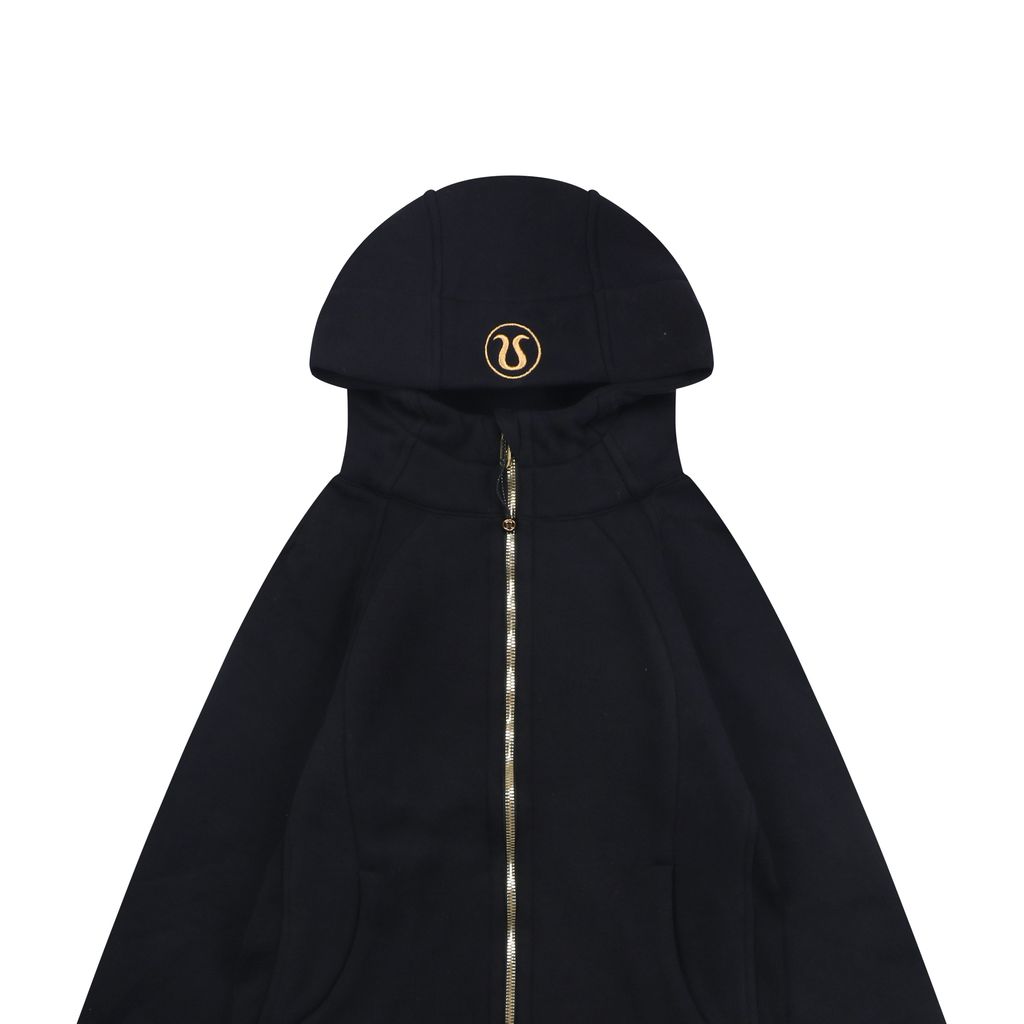 Scuba fitted yoga hooded jacket black gold label brushed cotton blend full zip activewear contoured waist ribbed side panels thumbholes sizes 4-10