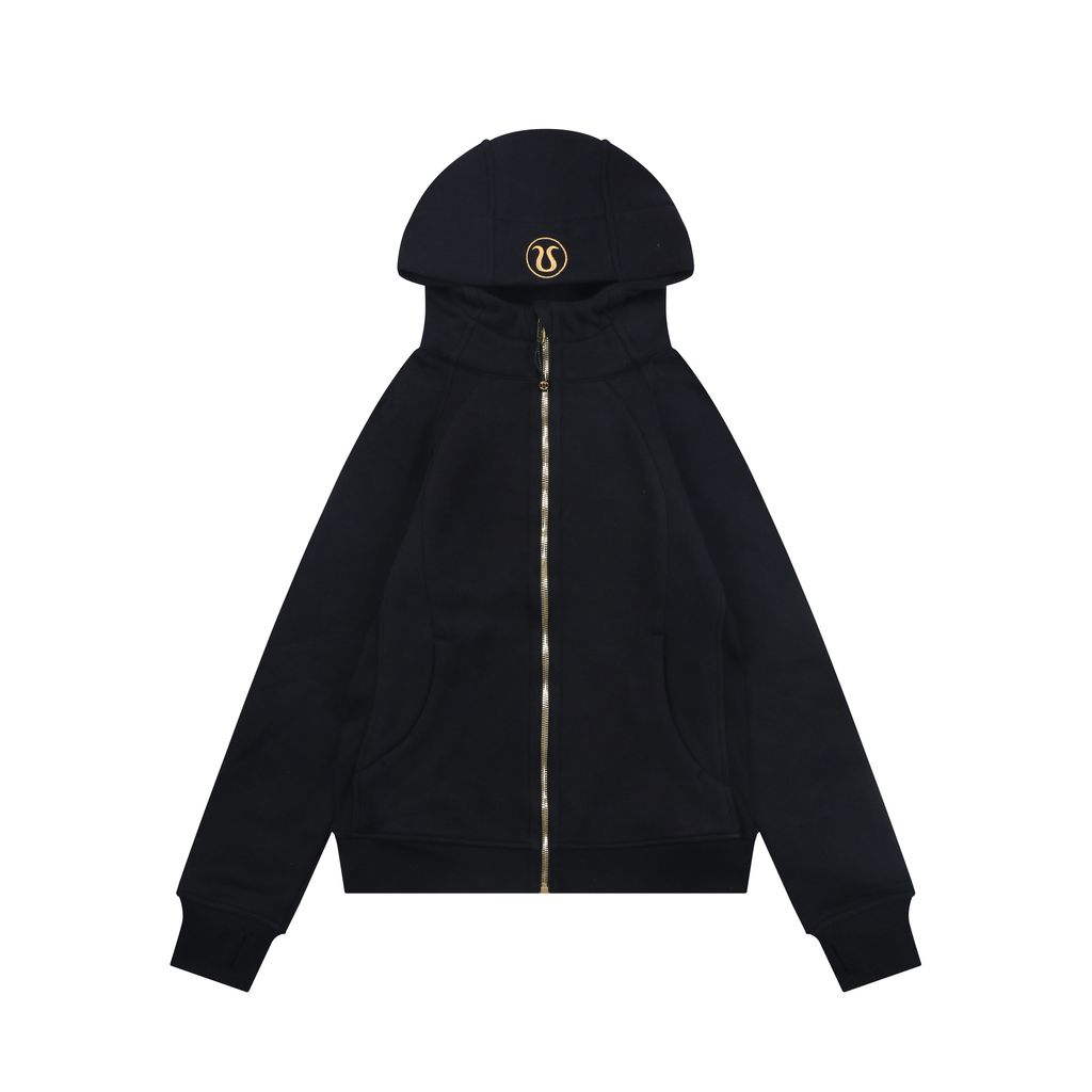 Scuba fitted yoga hooded jacket black gold label brushed cotton blend full zip activewear contoured waist ribbed side panels thumbholes sizes 4-10