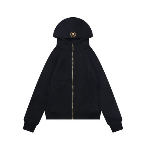 Scuba fitted yoga hooded jacket black gold label brushed cotton blend full zip activewear contoured waist ribbed side panels thumbholes sizes 4-10